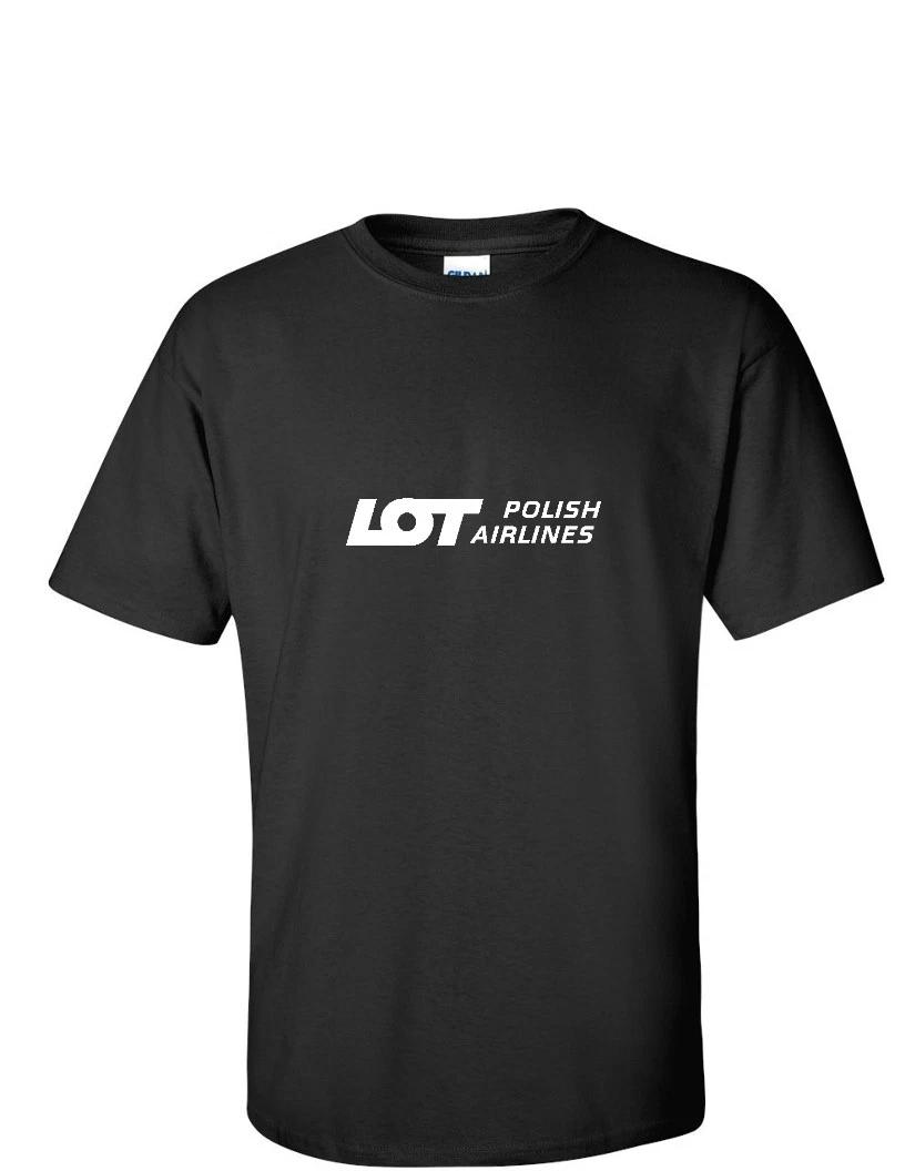 LOT Polish Airlines White Logo Aviation Black Cotton T-Shirt 3XL