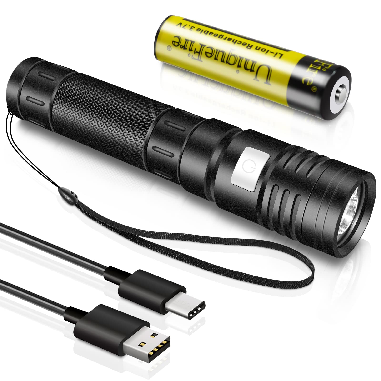 

UniqueFire Bright T6 LED with Tail 5 Zoom 18650 for Emergency Outdoor Dog and Includes Leash Dimmable Lightweight, Flashlight, Small, Portable, чёрный