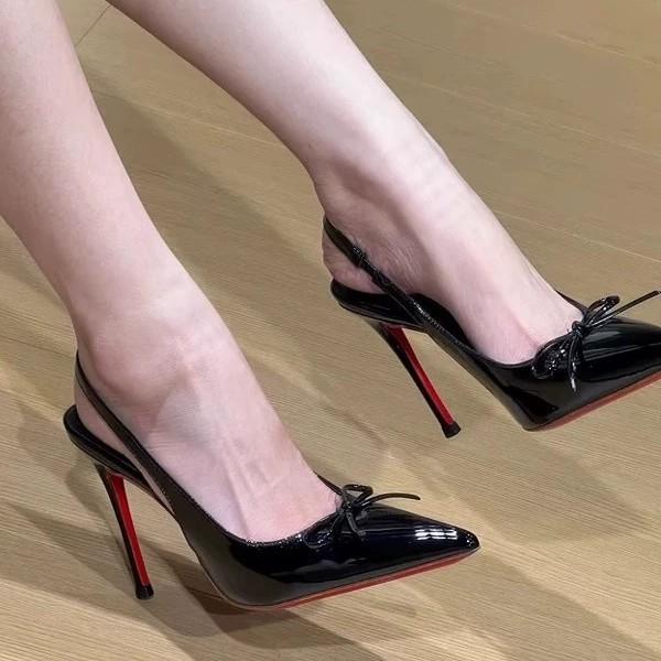 Black high heels women's new pointed head bow thin heel light mouth single shoes sexy bag head sandals women
