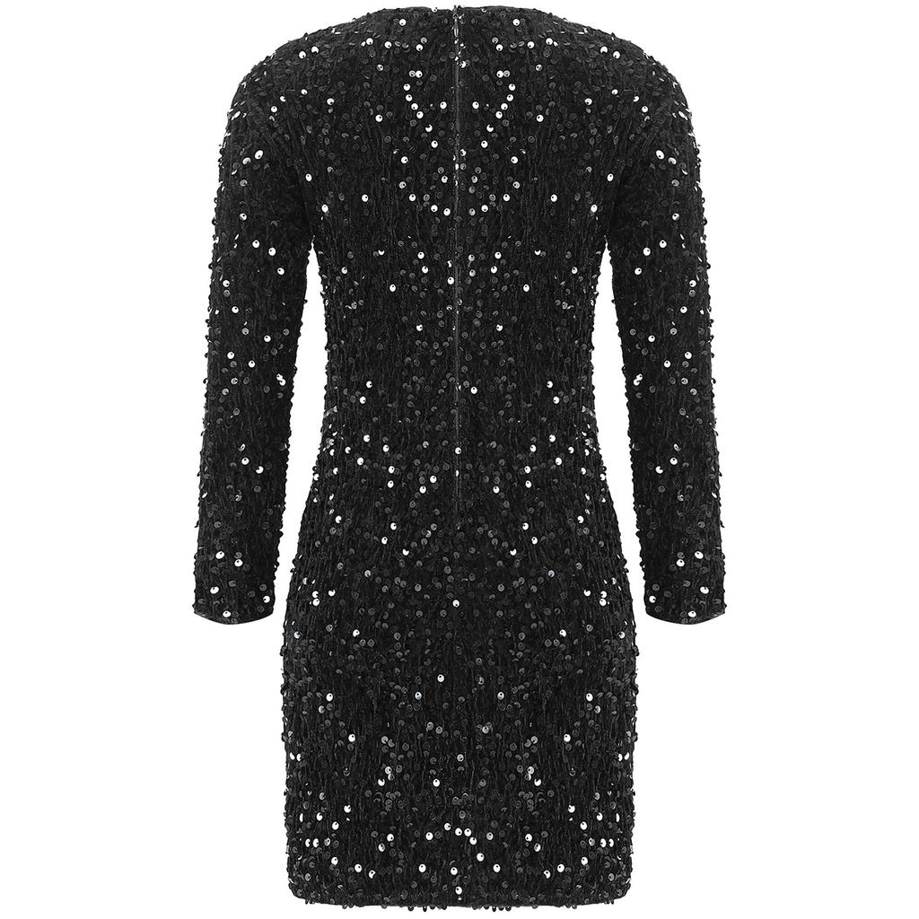 Girls Glitter Sequin Party Dress Long Sleeve Velvet Ruched Front Bodycon Gown for Birthday Prom