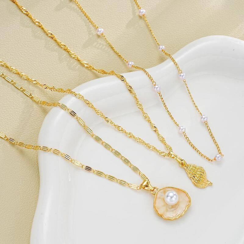 Trending Necklace Fashionable Multi-Layer Imitation Pearl Conch Shell Pendant Necklace Elegant Beach Collarbone Chain