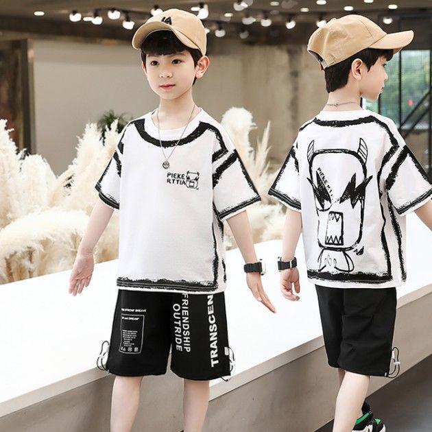 

Летняя школьная детская повседневная футболка для мальчиков с контрастным рисунком в виде алфавита и граффити, топ + шорты, штаны, спортивный костюм для детей, 2 предмета, Srt 110