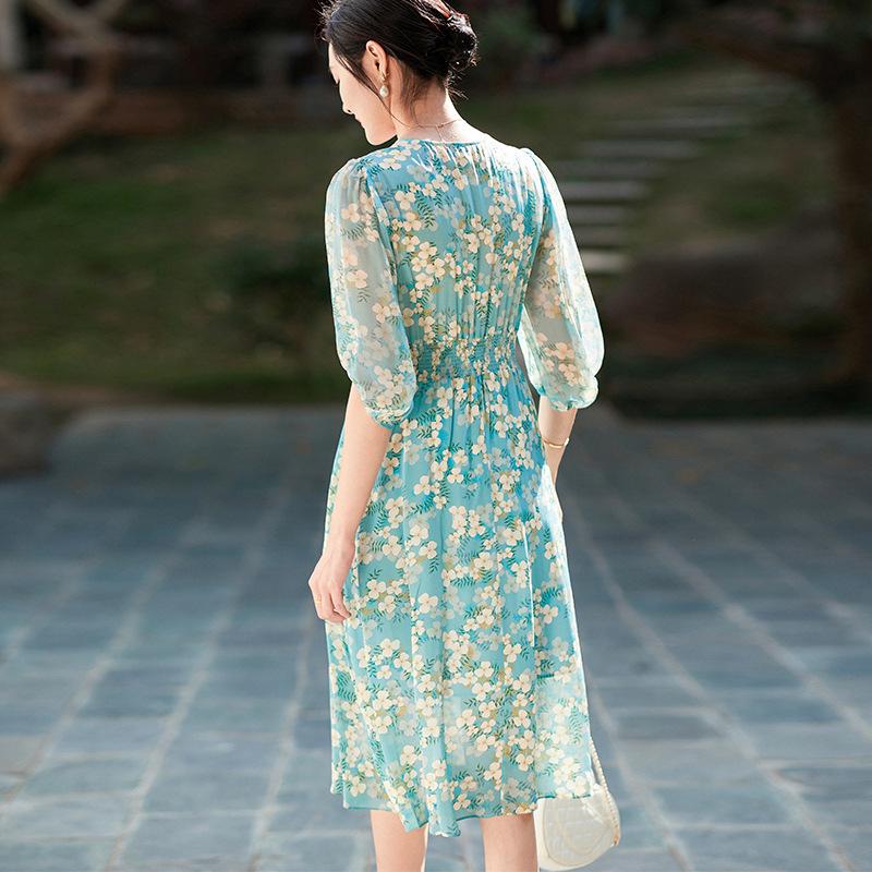 Elegant Silk Dress with Waist-Cinched Print