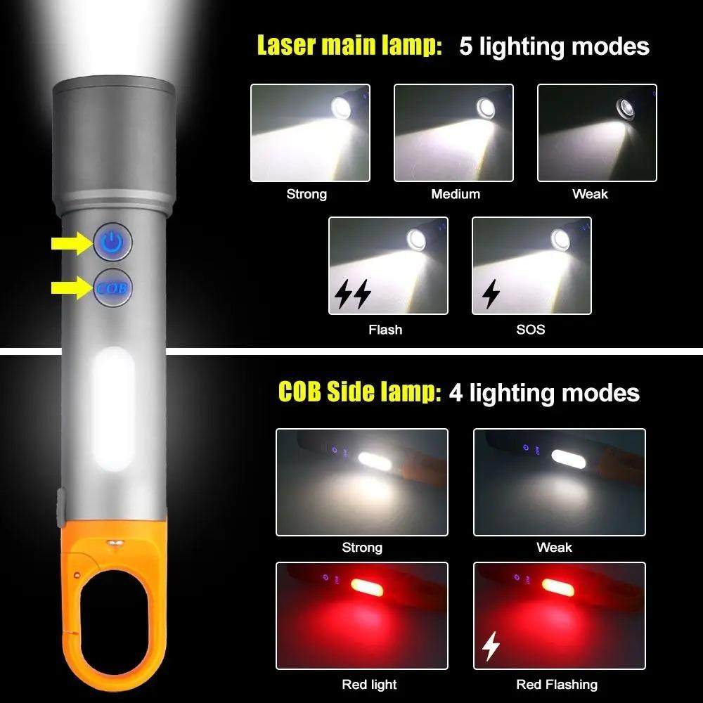 White Laser LED Flashlight COB Sidelight Rechargeable Zoomable Flashlight Waterproof Multicolor Lenses Brightest Flashlights