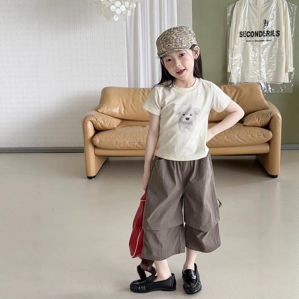 Summer Kids Fashion Spicy Girl Puppy Print Cropped T-Shirt – Slim Fit, Short Sleeve Top for Girls