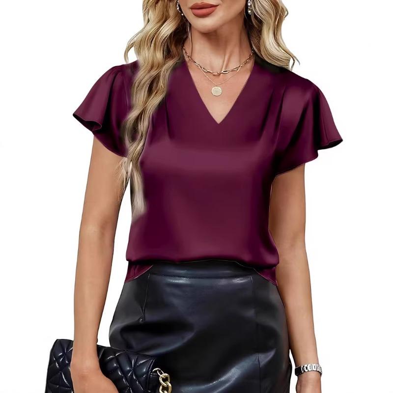 Summer new women s elegant and fashionable satin v-neck women s tops t-shirt S