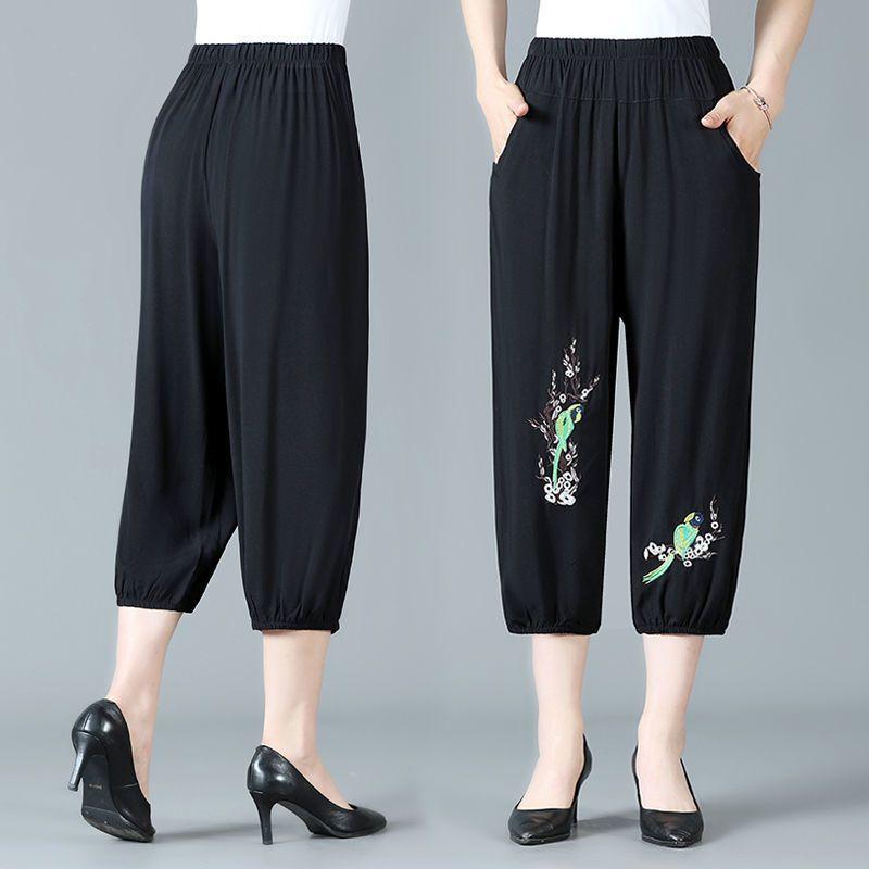 Mom's Summer Thin Embroidered Seven-Point Pants Ethnic Style Senior Women Elastic High-Waist Mid-Trousers Casual