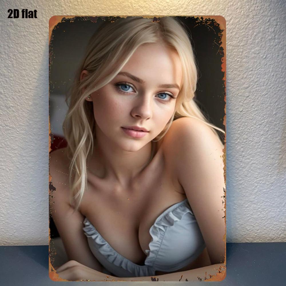 

HD Metal Tin Sign Elegant Blonde Woman in Gray Ruffled Bustier Vintage Wall Art Decor for Bedroom Home Retro Metal Plaque Poster 20x30cm（7.8x11.8inch）