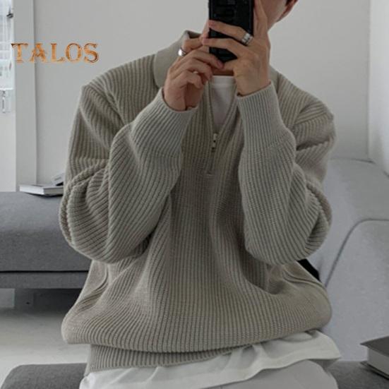 Fall Winter Men Sweater Turn-down Collar Half Zipper Long Sleeves Solid Color Loose Knitted Top Daily Wear School Work Knitwear