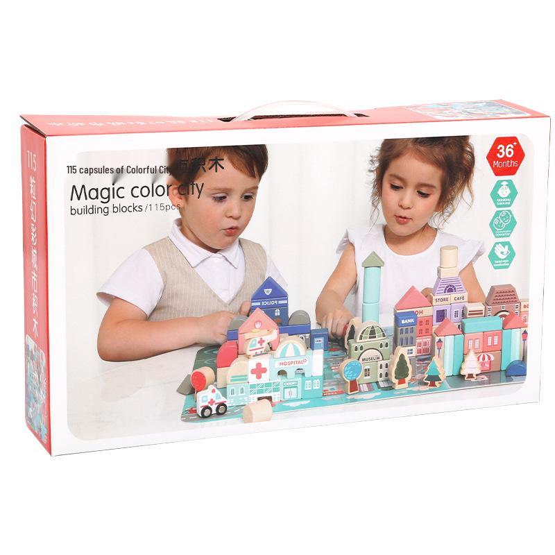 115-Piece Macaron City Wooden Building Blocks for Kids – Large Particle Educational Toy Set