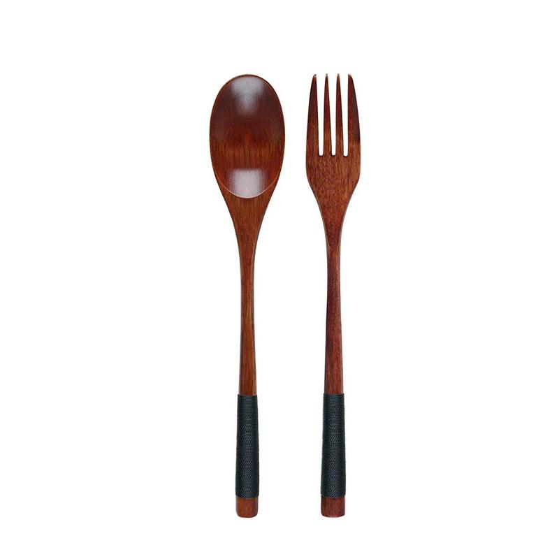 Wooden Cutlery Set Wood Spoon Fork Japanese Style Spoon Fork Chopsticks Set Long Handle Dinner Spoon Portable Tableware With Bag