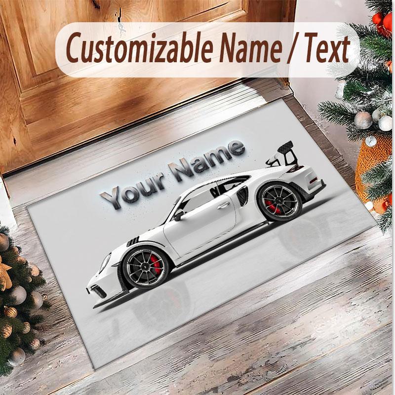 Car Racing Theme Soft Crystal Velvet Rug Custom Name & Text Print Non Slip Floor Rug for Bedroom Living Room