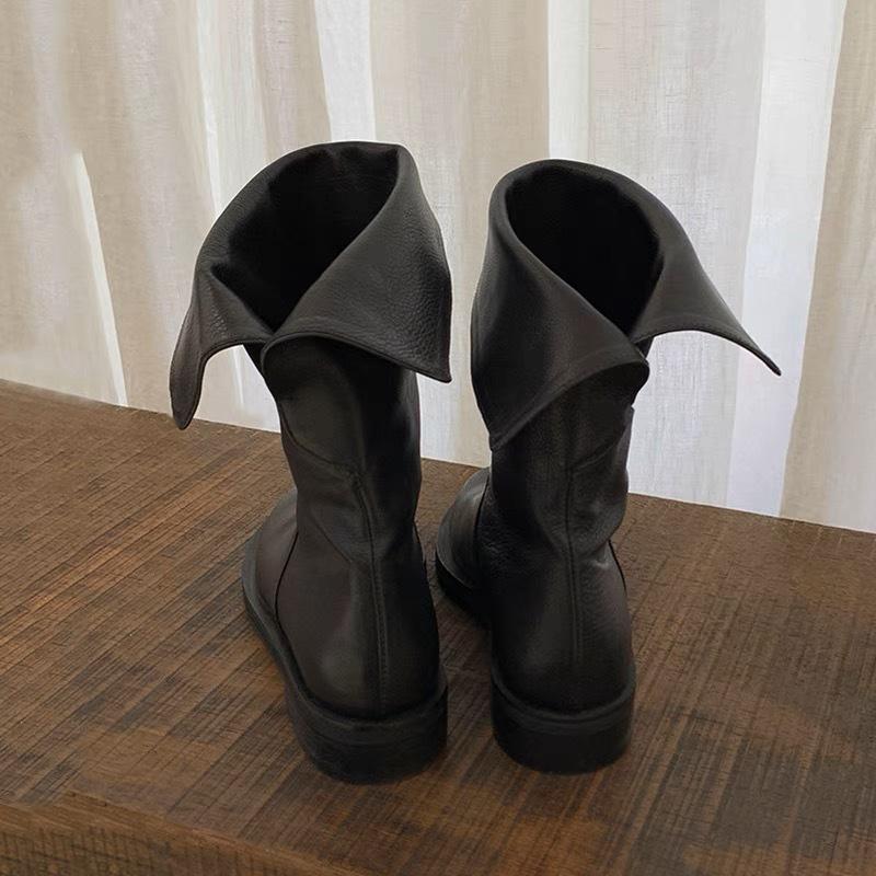 

Sheepskin version~ short boots rear split-end flip-top medium boots retro leather versatile flat-bottomed leather boots Martin boots 35