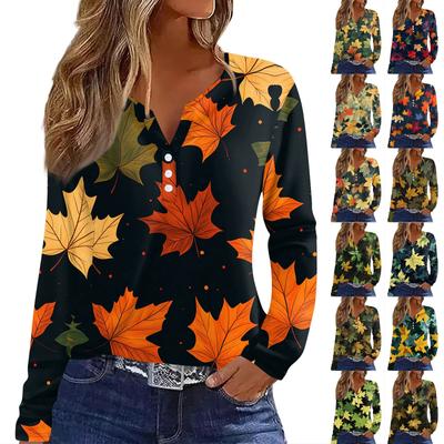 Women's T Shirt Tee Print Button Long Sleeve Daily Weekend Fashion Basic V- Neck Regular Top