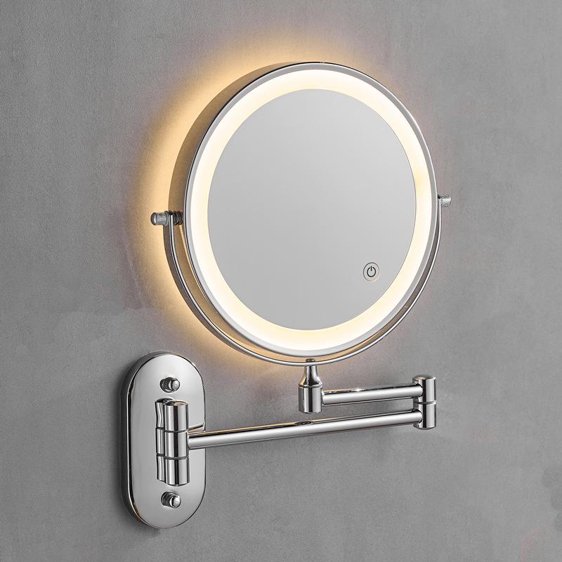 Wall-Mounted LED Vanity Mirror, Double-Sided with Light and Magnifier, Punch-Free Folding Design for Bathroom and Hotel Use