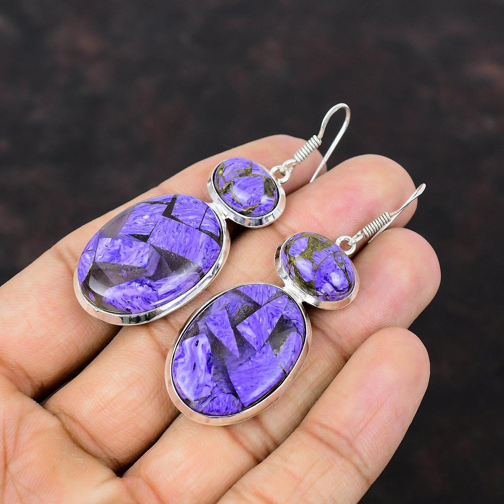 Kolczyki z miedzianego charoitu Kolczyki ze srebra próby 925 Prawdziwy kamień szlachetny Ręcznie robiony kolczyk Prezent dla dziewczyny Naturalna biżuteria z charoitu Zupełnie nowy kolczyk