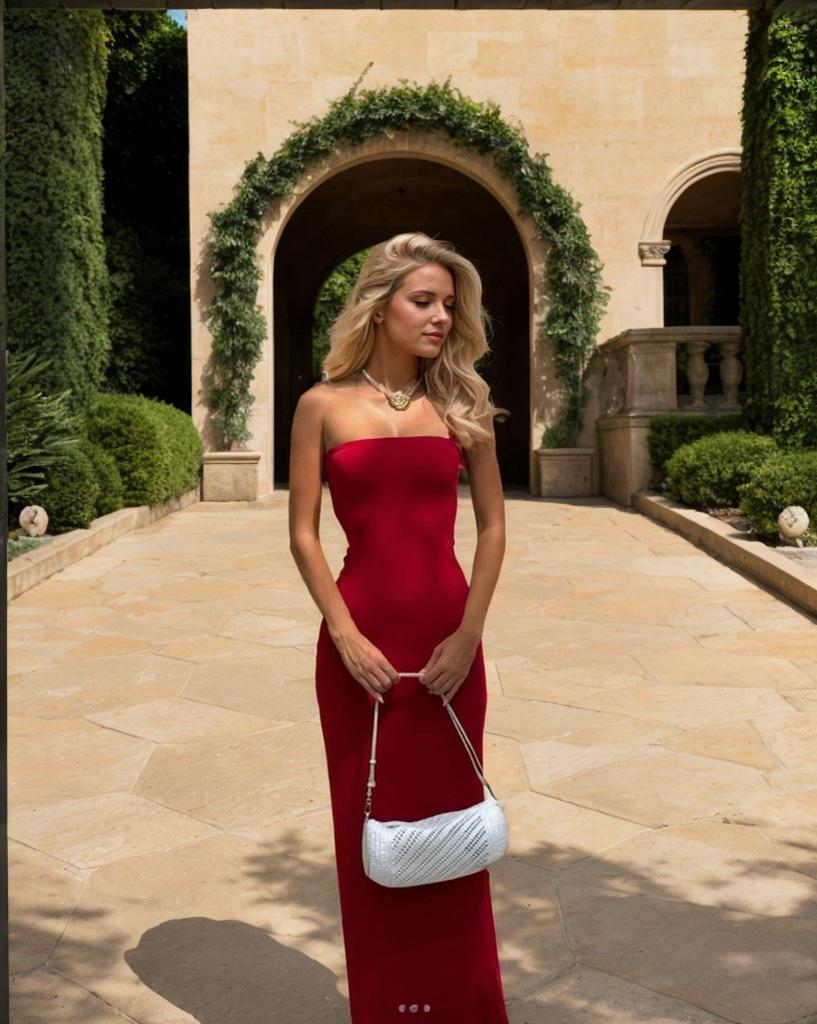 

Весна/Лето 2025 Женское платье винного цвета с высокой талией для отпуска - Элегантный длинный стиль светской львицы XL бордовый