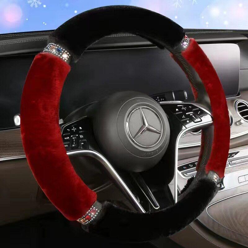 

[1-3 Piece Set] Winter Warm Plush Car Steering Wheel Cover, Handbrake Cover, Gear Lever Cover, Car Handle Cover Diamond Red 38cm