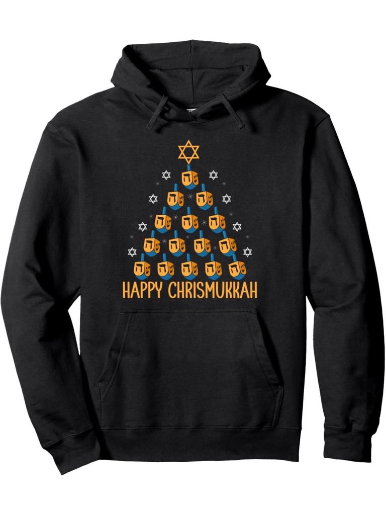 Unisex Festive Christmas & Chanukah Hoodie-Happy Chrismukkah Print, Adjustable Drawstrings, Comfortable Pullover with Pockets, Casual Long Sleeve Swea