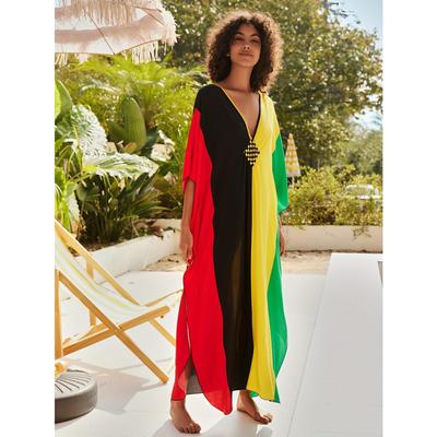 Women's Boho Style Cover Up, Plus Size Contrast Color V Neck Woven Design Loose Fit Beach Kaftan Dress