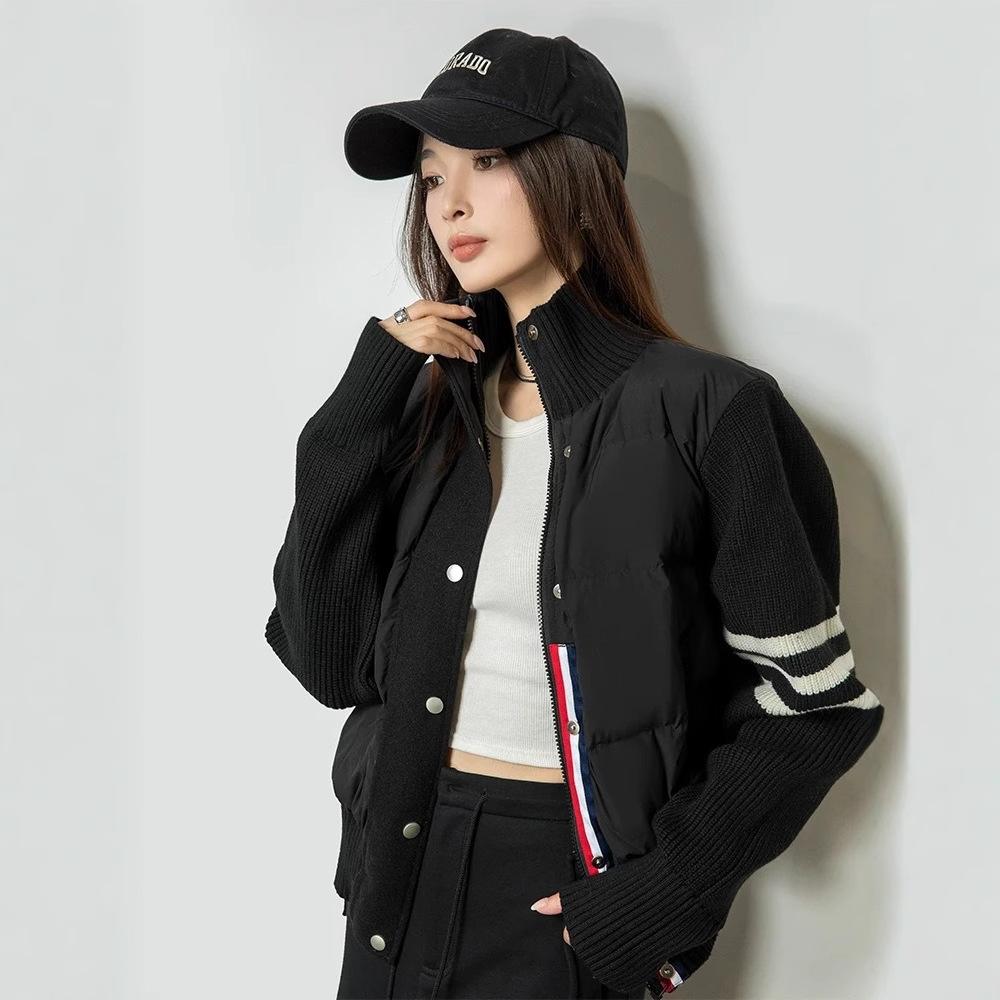 European trendy knitted splicing light down jacket women's winter fashion contrasting color striped stand-up collar casual jacket