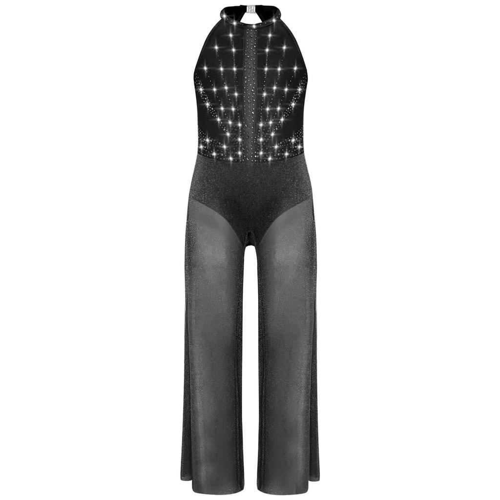 Mädchen Strass Glitzernder Body Ärmellos Schlüsselloch Rücken Tanz Jumpsuit