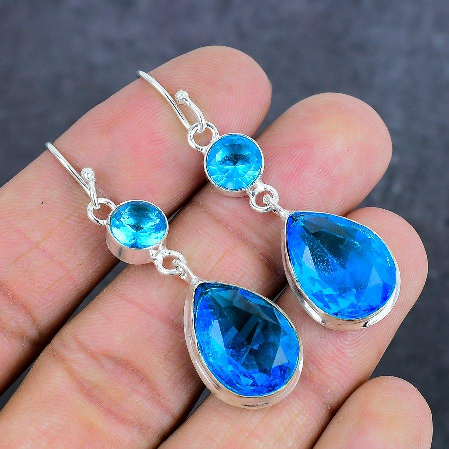 Swiss Blue Topaz Gemstone Handmade 925 Sterling Silver Earring 2.13" k9L73