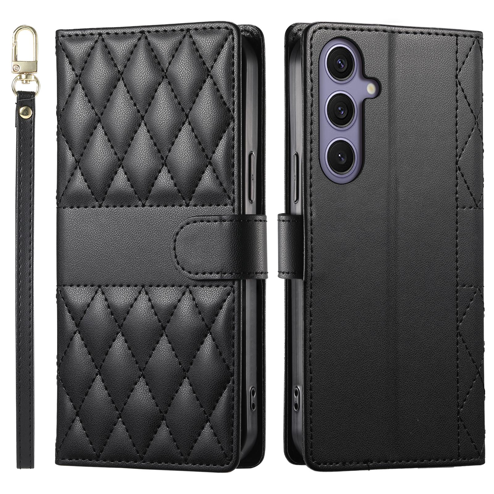 

For Samsung Galaxy S25+/S24+ Case Rhombus Stitching Wallet Stand Leather Phone Cover with Long/Short Strap C