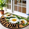 Bees Floral Door Mat Non Slip Semi Circle Polyester Entrance Rug for Farmhouse Patio Laundry Kitchen Yard Outdoor Home Decor