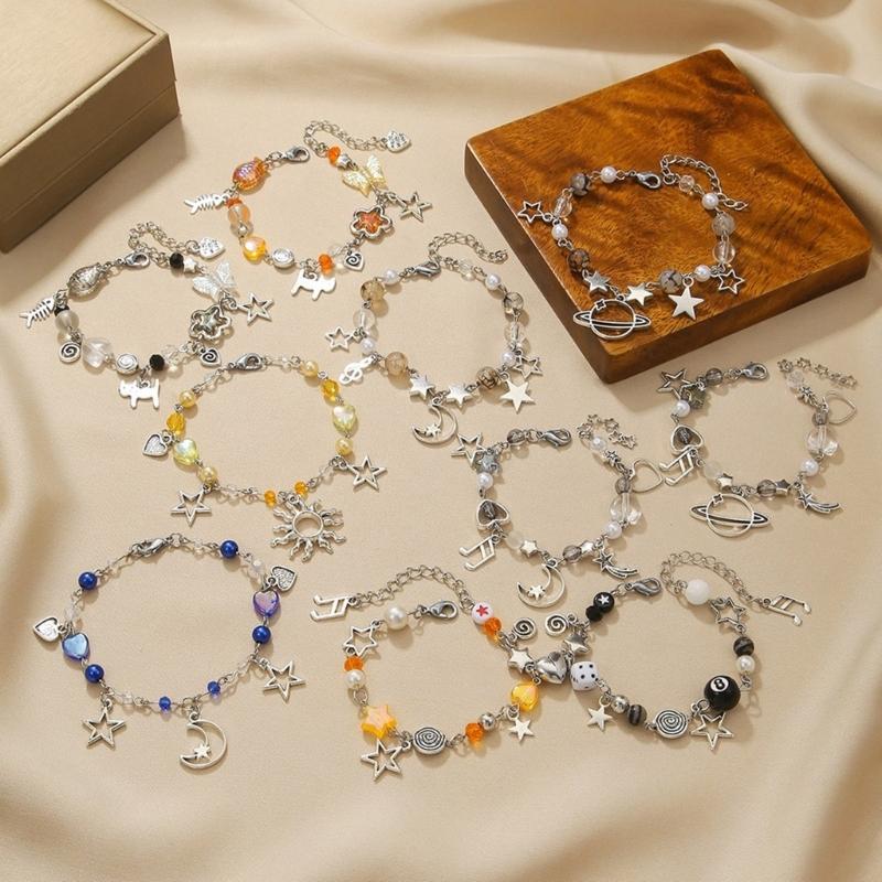 Punk Bracelet Hollow Out Star Moon Charm Bracelet Beaded Bracelet Adjustable Chain Bracelet Alloy Texture for Daily