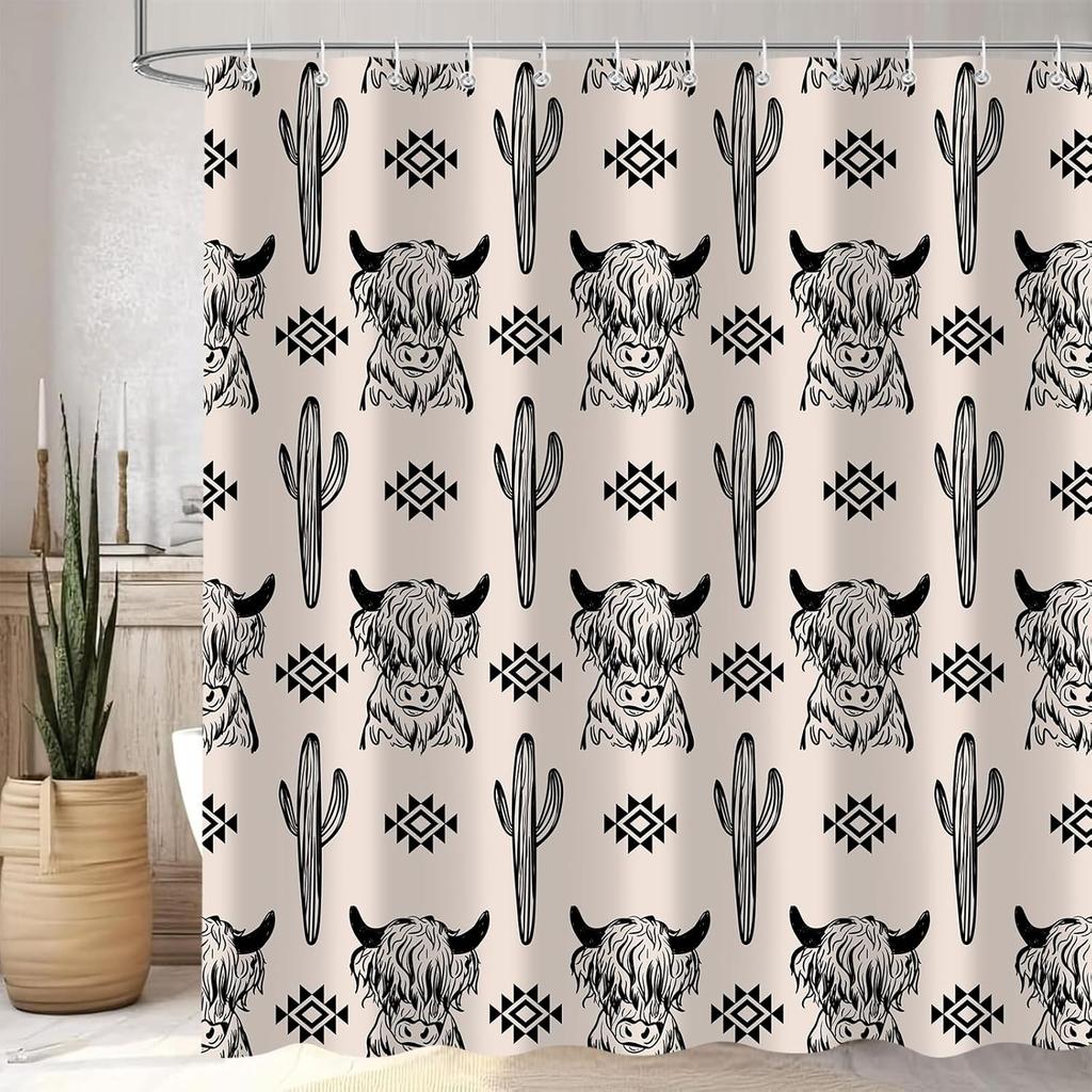 Cute Highland Cow Shower Curtain, Cactus Western Aztec Cattle Farm Animal Southwest Boho Bohemian Bathroom Curtains, Waterproof