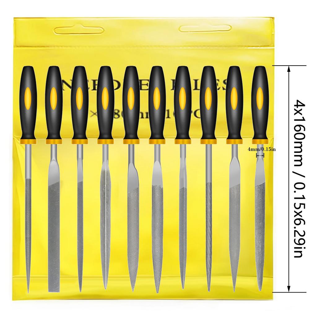 10pcs Needle File Set - Bearing Steel Files with Non-Slips Ergonomic Handles for Precise Filing on Wood 3x140mm/4x160mm/5x180mm