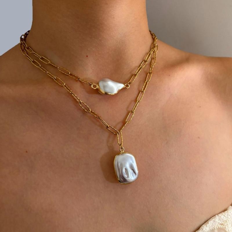 Elegant Double Layer Baroque Pearls Necklace Stainless Steel Adjustable Chain Everyday Jewelry Accessory Gift