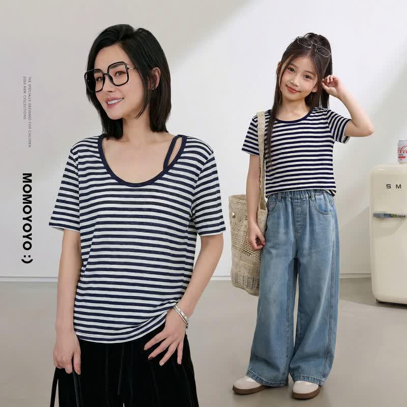 Chenchenma Girls  Outlined Blue Stripe Short Sleeve T-Shirt 150