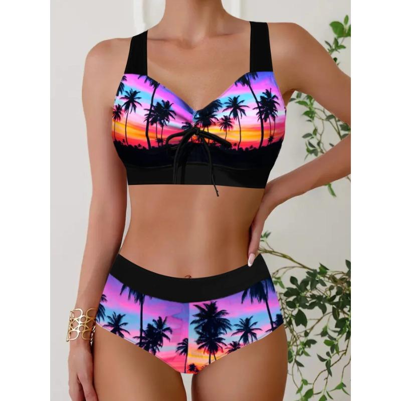 New Summer Women's Holiday Resort Style Swimwear Fashion Design Sunset Slanting Sun Printed Swimsuit Two Piece SetS-5XL