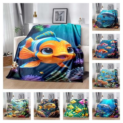 Cute Cartoon Clownfish Flannel Throw Blanket, Underwater Coral Reef Print, Soft Warm Fleece Blanket for Kids Bedroom Sofa Decor