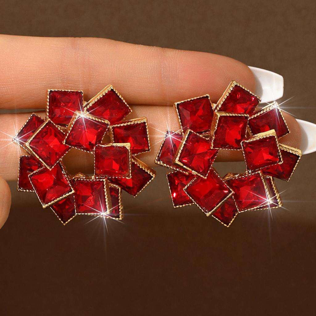 Square Big Red Festive Earrings Wedding High-End Sense Rhinestone Earrings Pendant Temperament Women'S Earrings