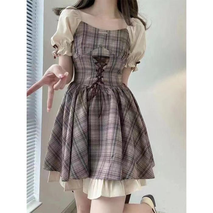 New summer square neck collar collar style waist slimming dress women s little fresh, new waist sweet short skirt S
