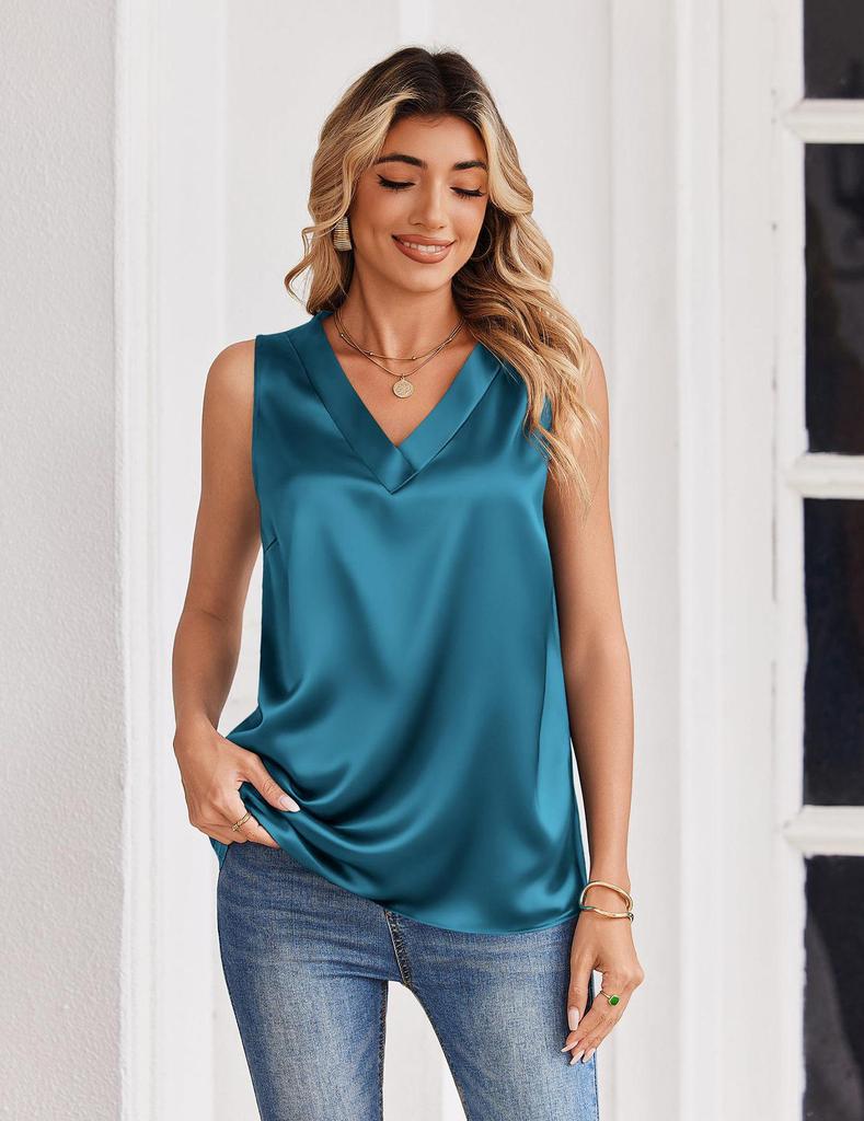 Women's European Summer 2026 V-Neck Satin Camisole Sleeveless Top