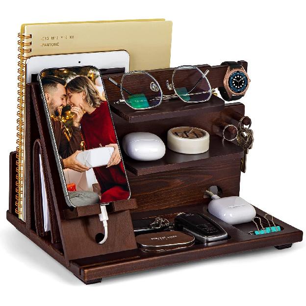 KOCWELL Wood Phone Docking Station Ash Key Holder Stand Watch Organizer Men Husband Wife Anniversary Dad Birthday Nightstand Purse Father Graduation