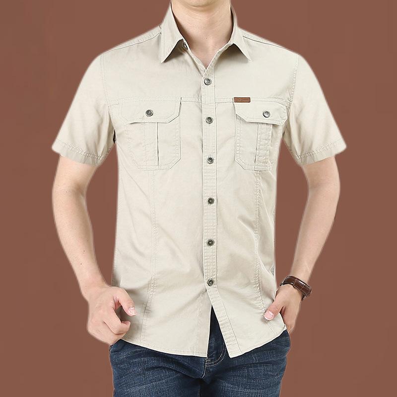 Spring Autumn Vintage Pure Cotton Solid Blouse Men Short Sleeved Blusa Fashion Tops Harajuku Casual Shirt Pocket Chic Male Clothes