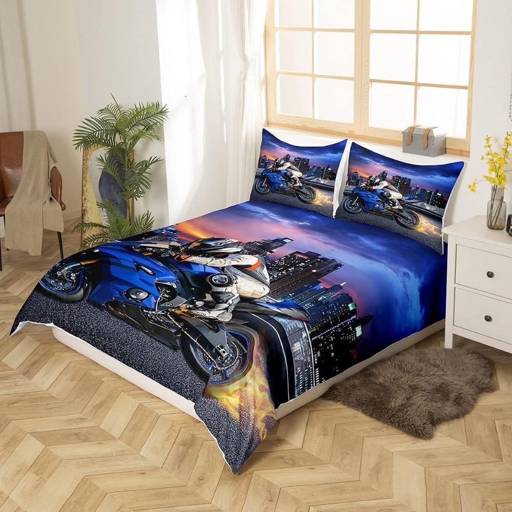 Motocross Bedding Sets, 3D Printed Pattern of Extreme Sports Motorcycle Theme Duvet Cover with 2 Pillowcases, Adults and Kids