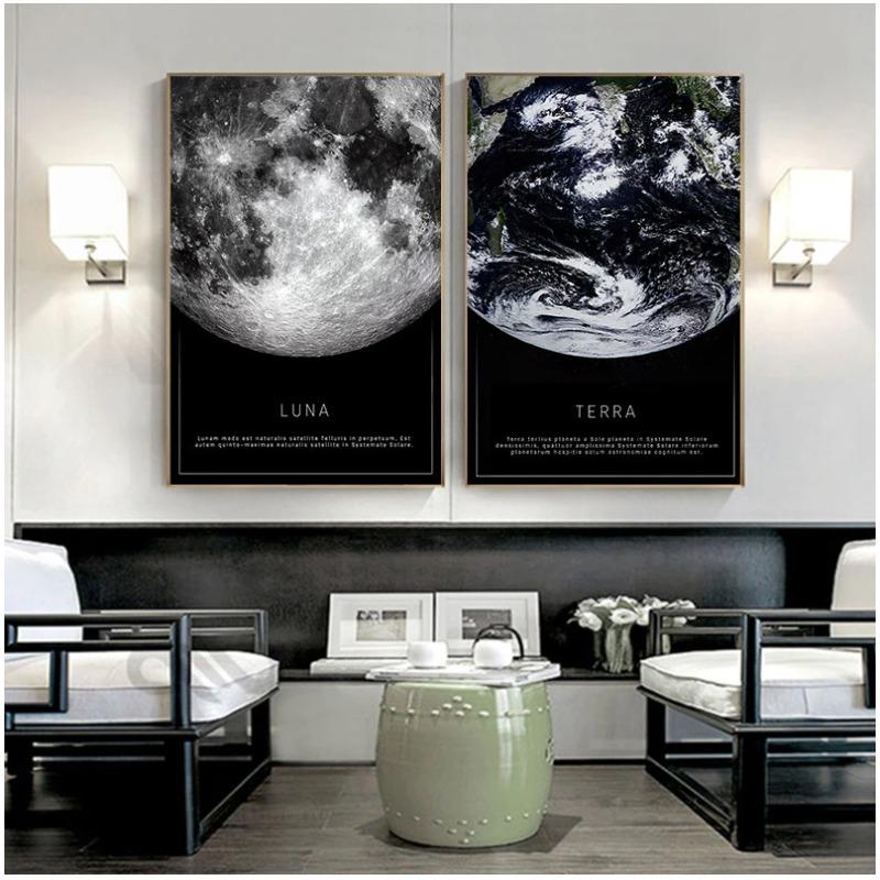Canvas Painting Black and white poster of the moon Earth seen from space living room decoration wall Scandinavian painting