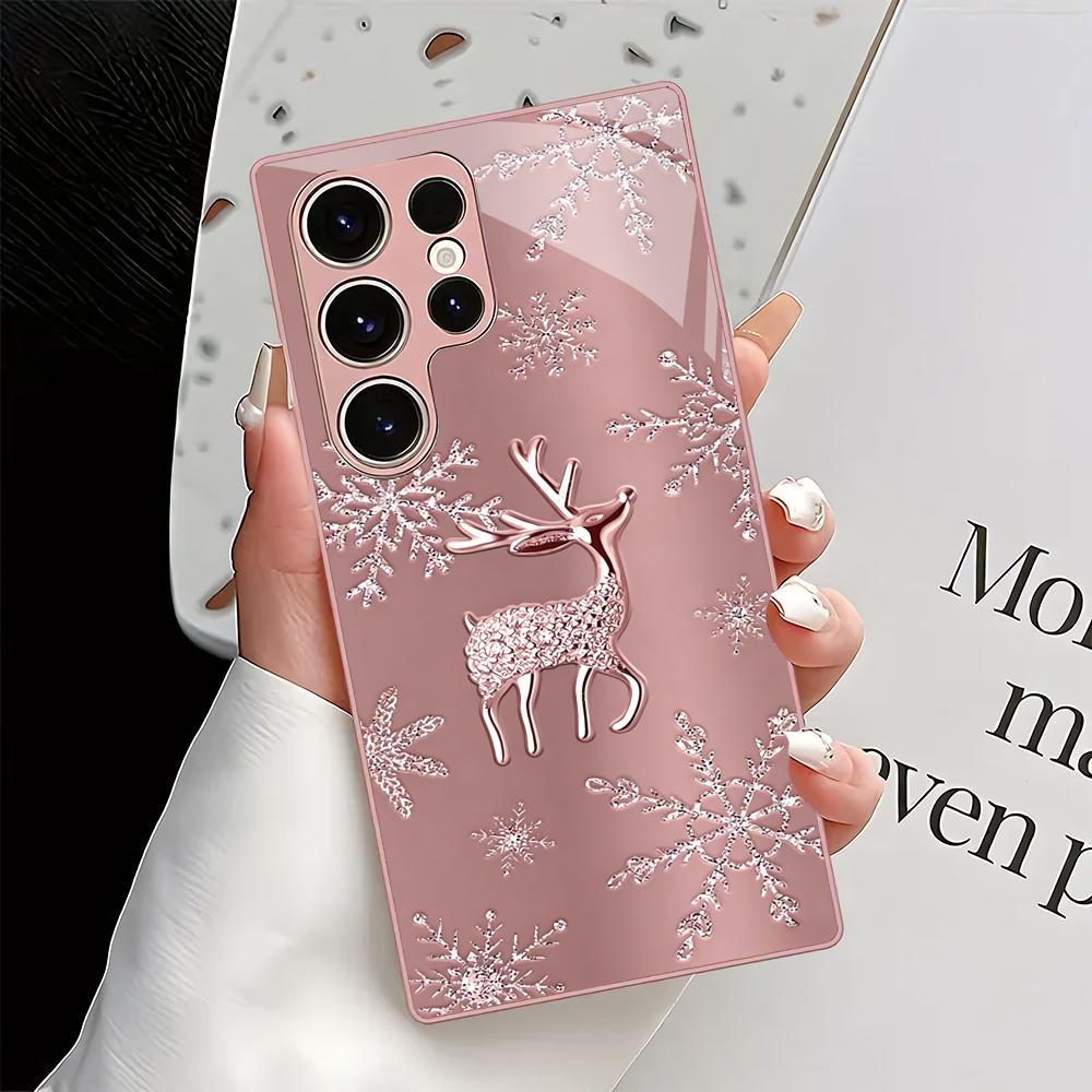 Deer Snowflake Metallic Glass Phone Case Suitable for Samsung Galaxy S26 S25 S24 S22 S21 S20 FE/Ultra/Plus Shock resistant