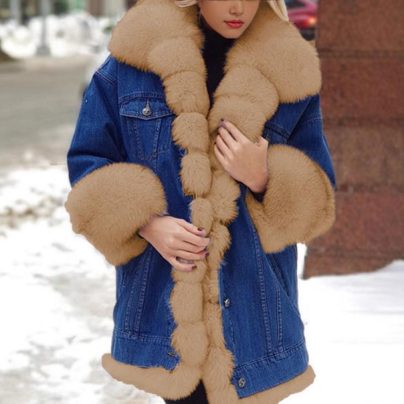 Womens Faux Fur Lined Denim Long Sleeve Jacket - Casual Winter Outerwear Office Daily Wear