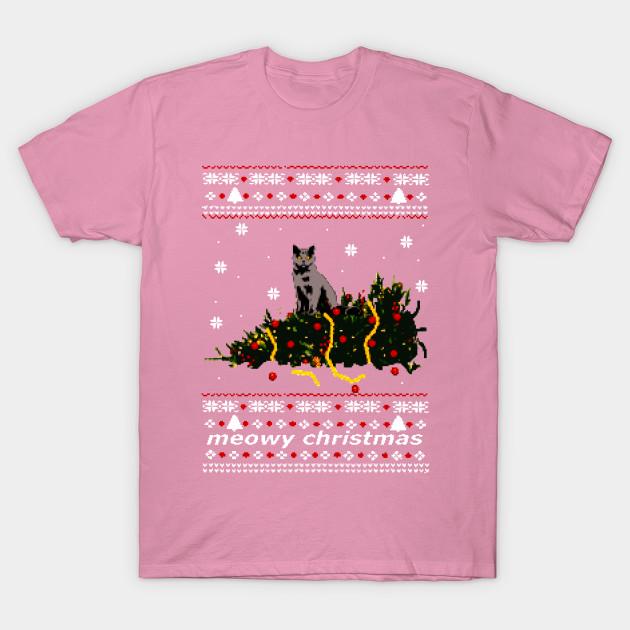 T-Shirt Damen Hässlicher Pullover Weihnachtsbaum Von Katze Umgestoßen Harajuku Print Kawaii T-Shirt Sommer Kurzarm Damen T-Shirt Top Tee