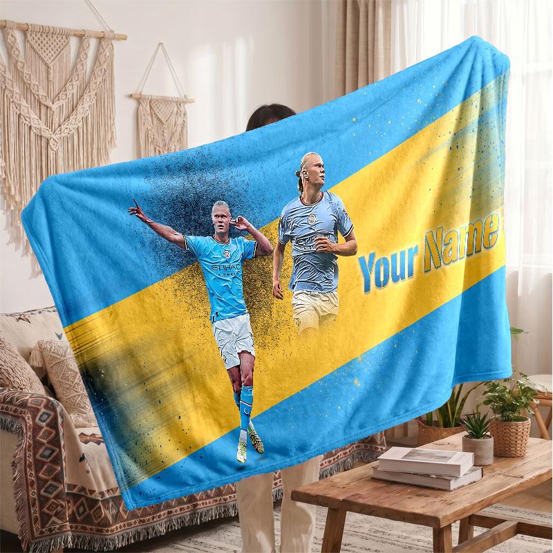 Erling Haaland Personalized Fleece Blanket With Football Logo, Custom Name Text Soft Warm Home Throw Blanket