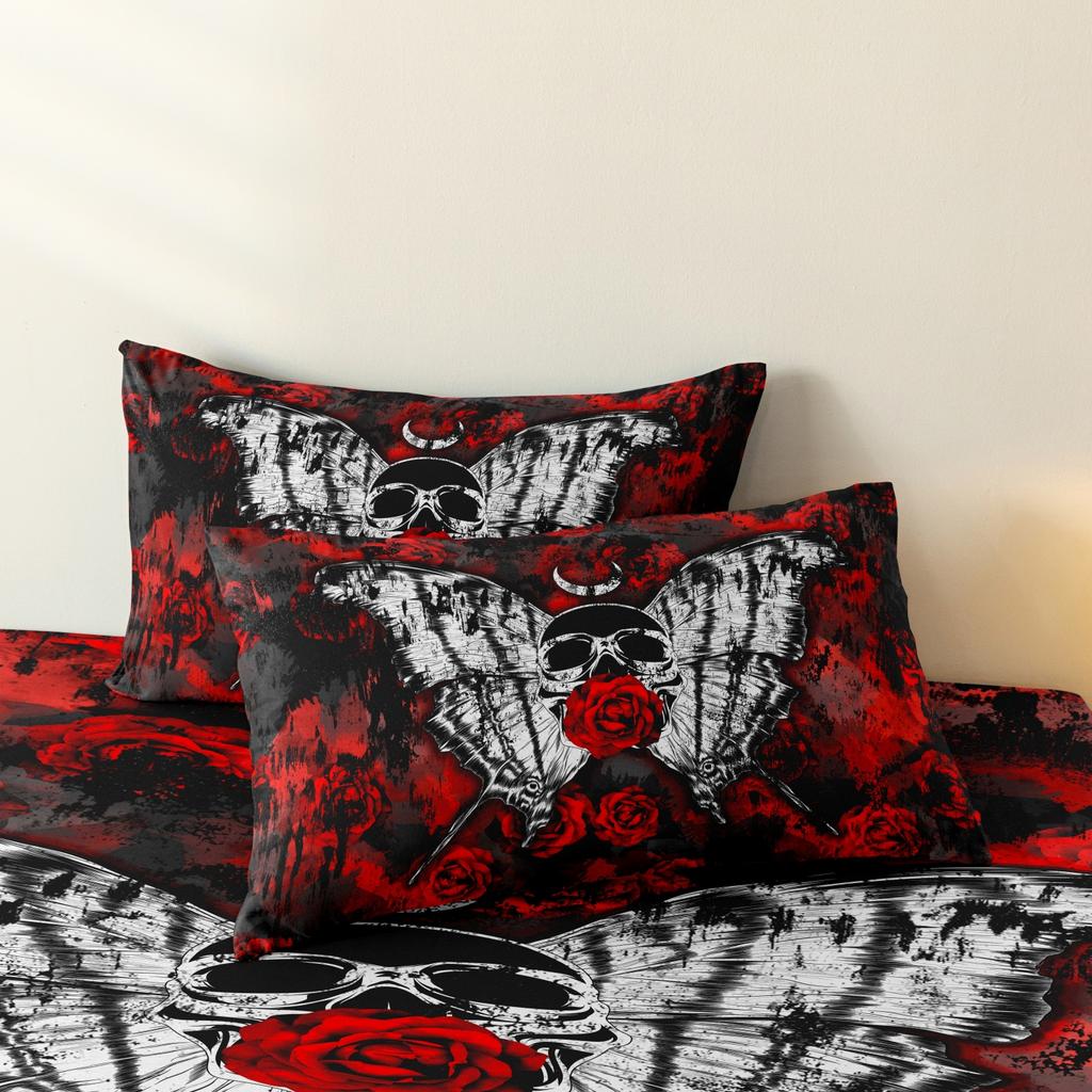 3Pcs Gothic Skull Butterfly Floral Print Duvet Cover Set, Red Rose Pattern Bedding For Bedroom Family Decor And Household