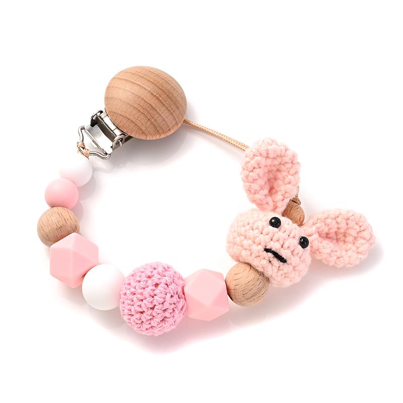 Nursing Chew Toy Baby Dummy Holder Chain BPA Free New Baby Wooden Pacifier Clip Wood Crochet Rabbit Teething Soother Chain