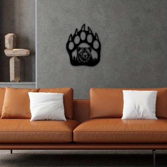 Farmhouse Style Wall Art Metal Hollow Out Bear Art, Rustic Forest Landscape Hanging Sculpture with Paw Handmade Wooden Decoration Prints,